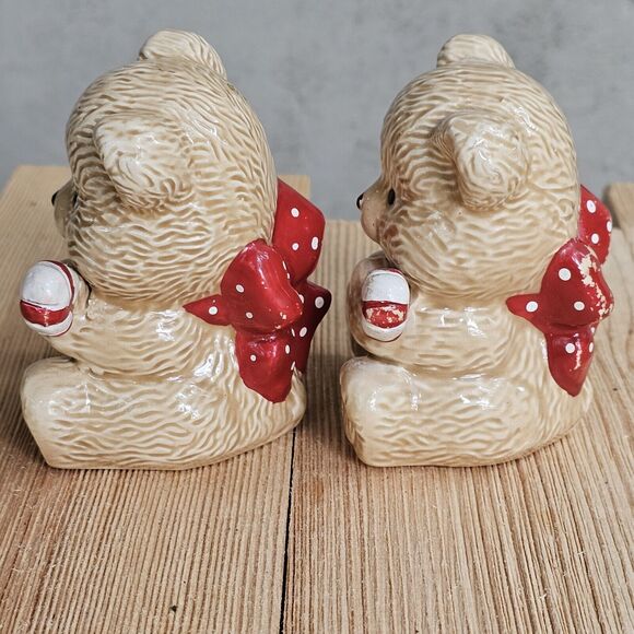 Vintage Ceramic Bear Figurine Set Of Two Holding Candy Canes 3"x 2.5" Minis - Picture 5 of 8